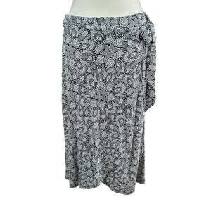 Adrienne Vittadini Faux Wrap Skirt Women Size Large Black White Paisley Side Tie
